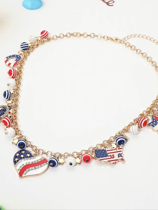 Jewelry - American USA Flag Patriotic Heart Flip Flop Map Charm Beaded Statement Necklace